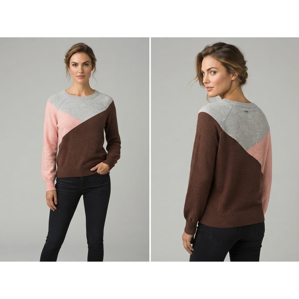 PrAna Women's Size Small Colorblock Crewneck Sweater Brown Pink Gray Merino Wool